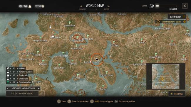 A screenshot of The Witcher 3's map with an orange circle over a quest objective.